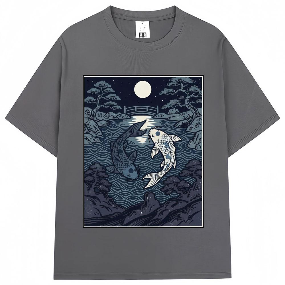 Japanese Style Yin Tang Koi Fish Moonrise Graphic T Shirt   Fashion Vintage T-shirts Oversized Cotton Casual Y2k T-shirt