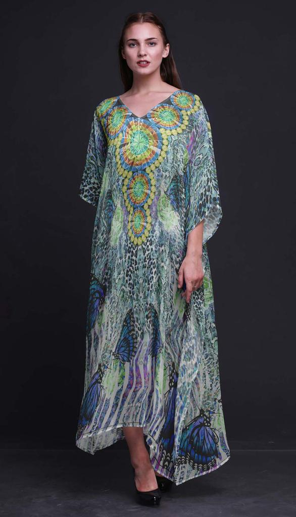 Phagun Butterflies & Leopard Animal Skin Beach Kaftan Bikini Cover Up Womena    S Maxi Dress Long