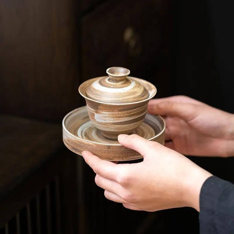 Ceramic Gaiwan Creative Kung Fu Tea Set Tea Bowl Zen Coarse Pottery Hand Brushed Glaze Tea Cup Chinese Gaiwan Tea Tureen