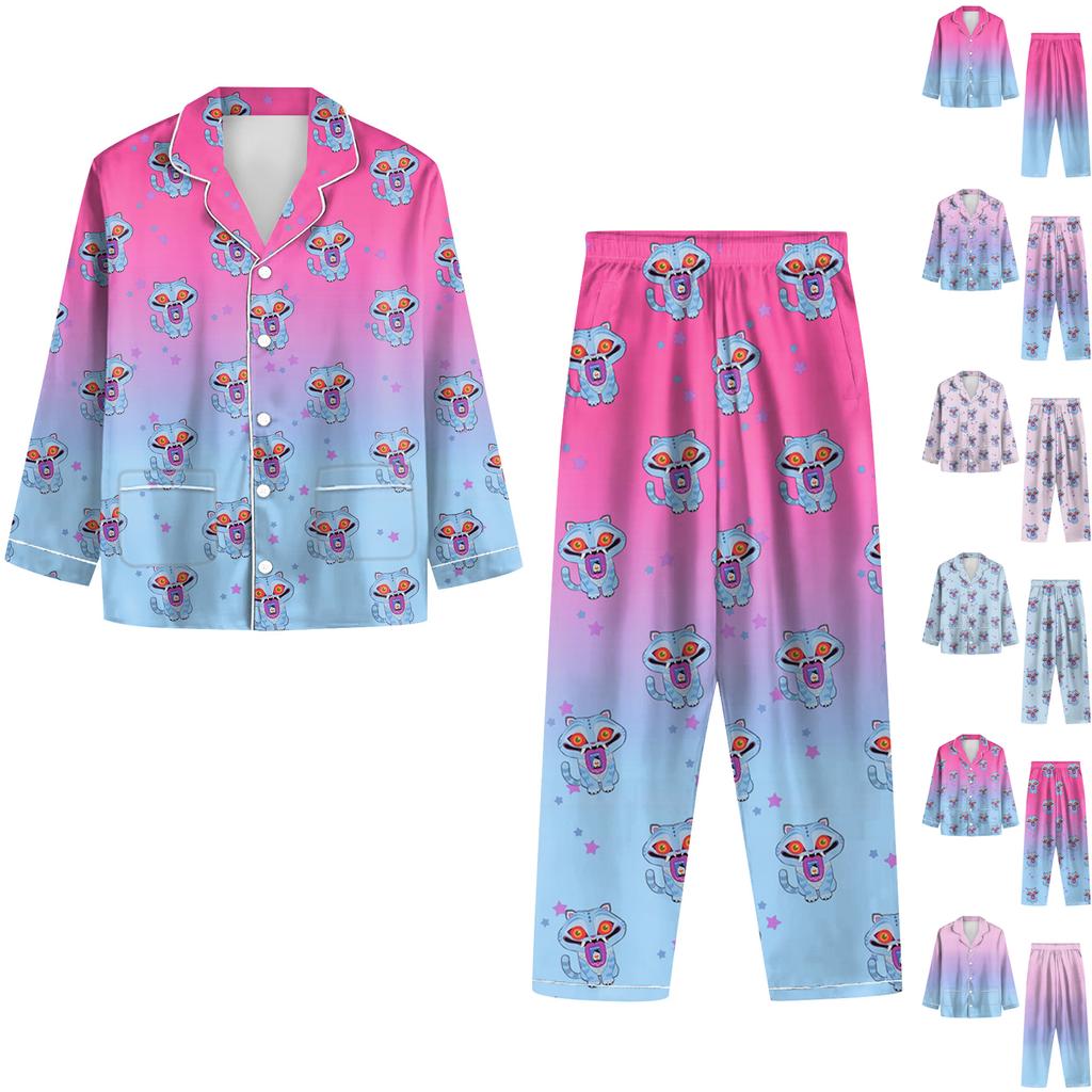 Women's 2 Piece Printed Suit Long Sleeve Button Up Top Wide Leg Pants Suit Set Pajamas Home Casual Suit