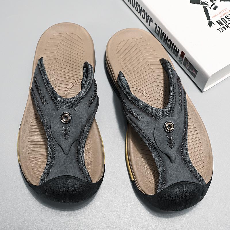 

Summer large size new handmade first-layer cowhide herringbone casual slippers 46 синій