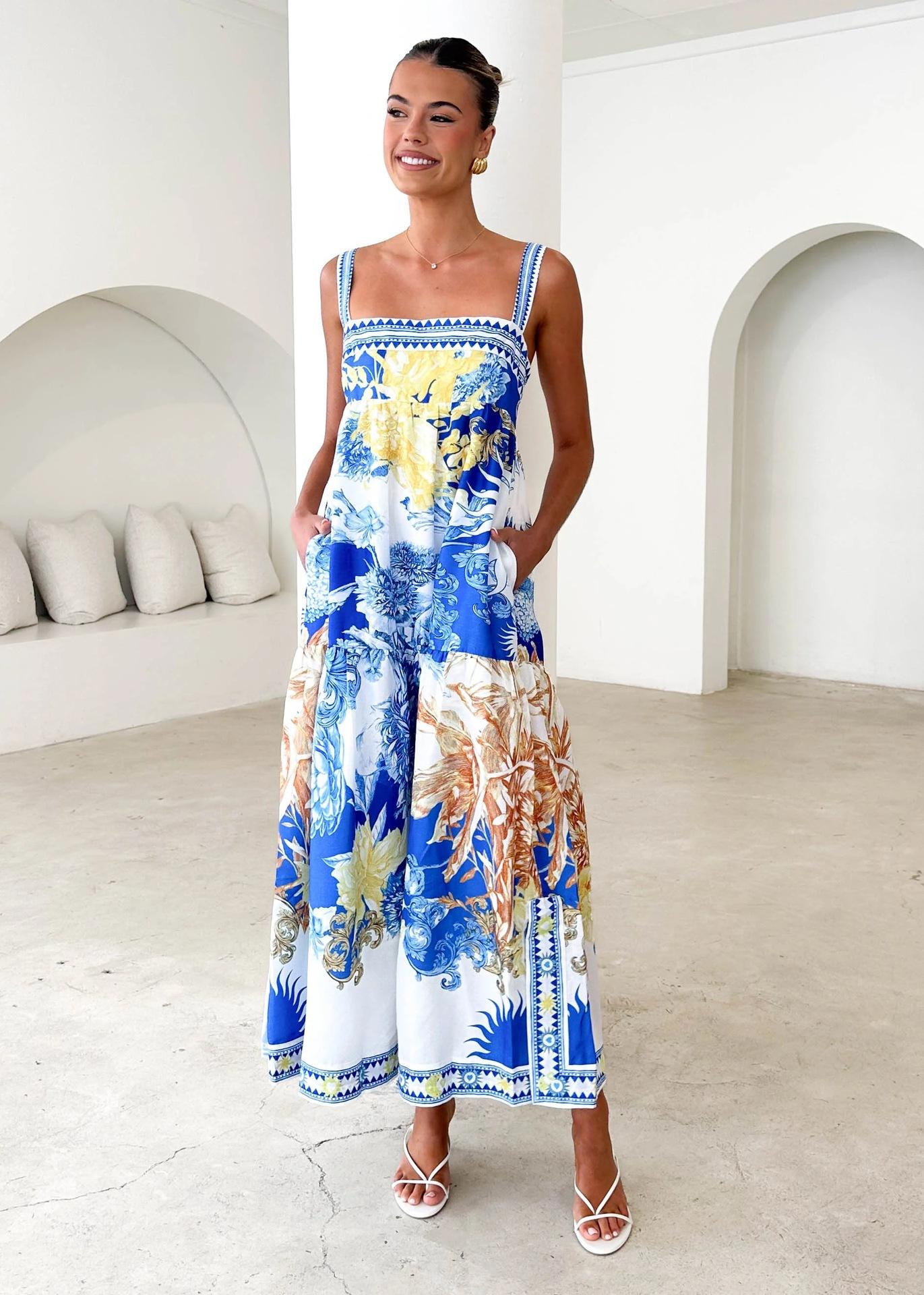 2026 European and American summer new positioning printing hem split temperament pendulum suspender dress S