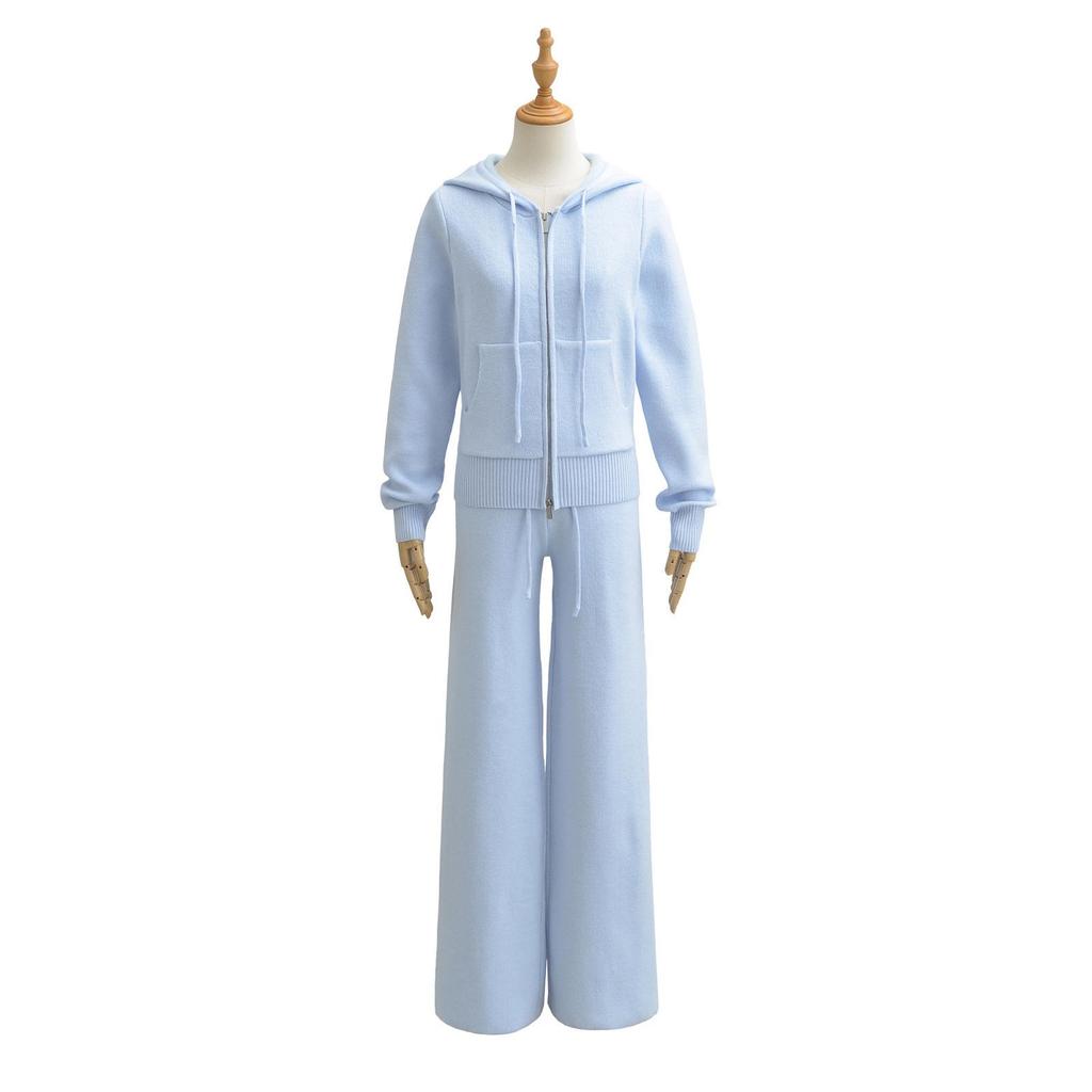 Airy Knit Set: Hooded Zip-Up Sweatshirt & Casual Low-Waist Wide-Leg Pants