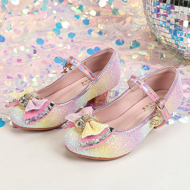 

New ultra-fairy fashion bow princess shoes Two-tone gradient princess crystal shoes British-style girls leather shoes 25