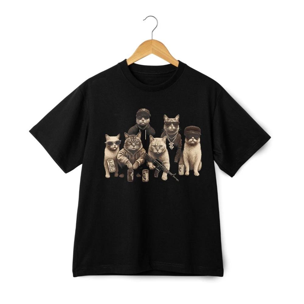Funny Gangster Cats Graphic T Shirt Cat Lover Meme Animal Humor Tee Streetwear L