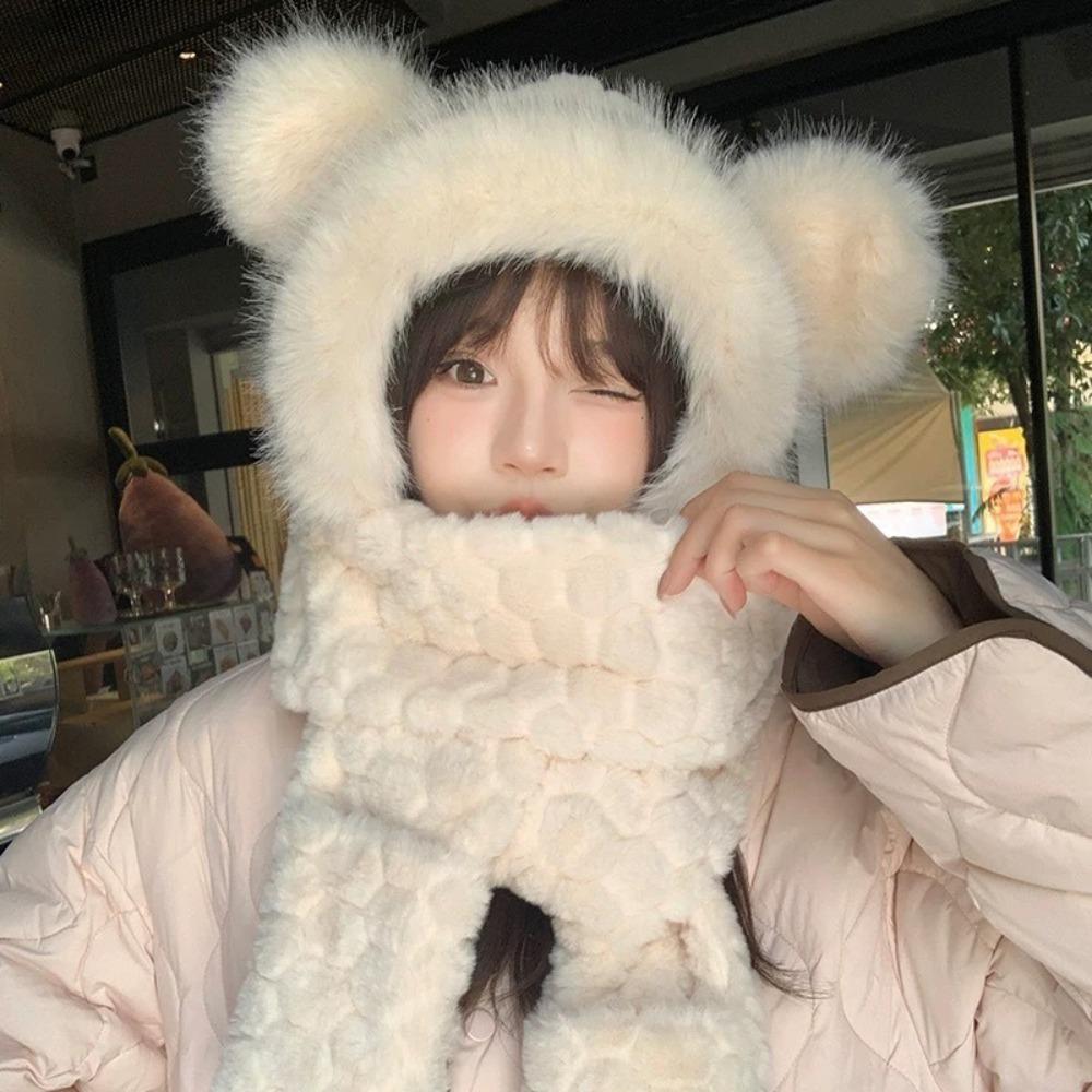 Winter Bear Ear Hooded Scarf Warm Integrated Cap Scarf 3-in-1 Cap Scarf Gloves Set for Women бежевый