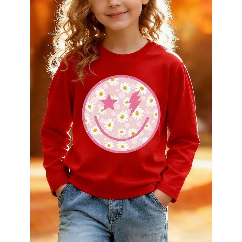 European sizes Kids' Long Sleeve Top, Fashionable Long Sleeve T-Shirt for Kids, Smiling Daisy Print Top, Cute Top, Suitable for Daily Casual Wear