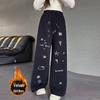 Girls' Black Velvet-Lined Sweatpants - Autumn/Winter 2025 Collection - Straight Leg Style for Older Children and Junior High Students