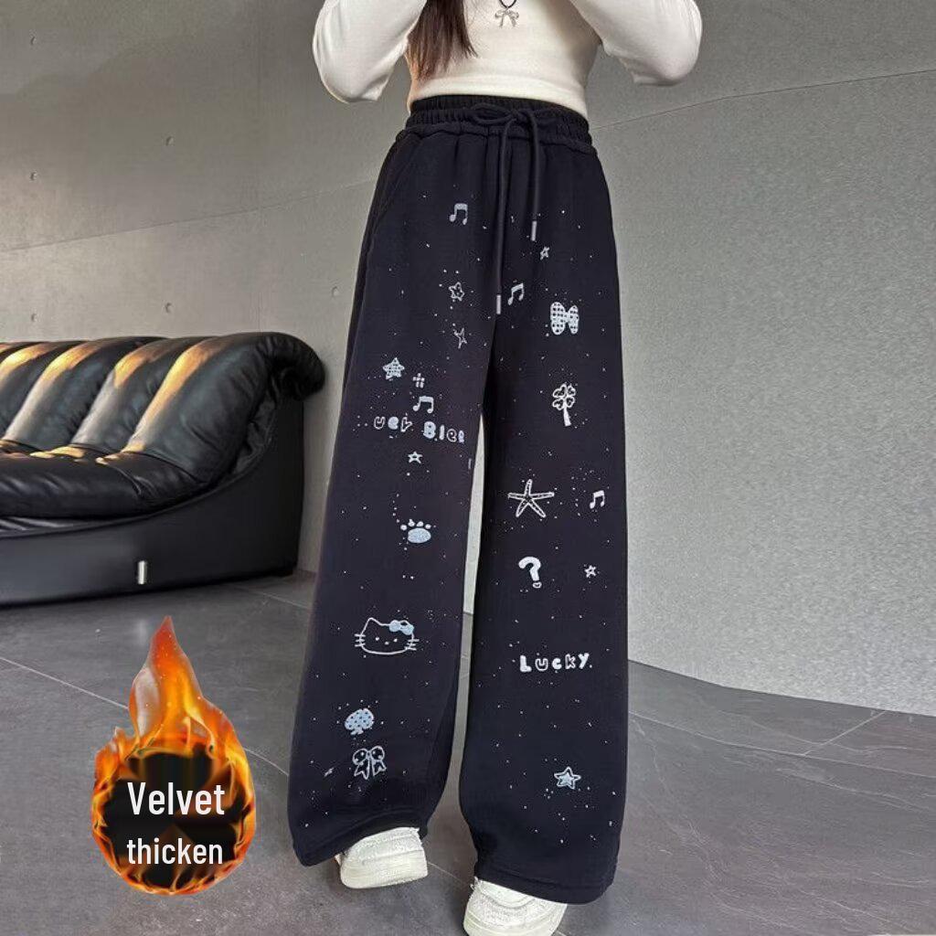 Girls' Black Velvet-Lined Sweatpants - Autumn/Winter 2025 Collection - Straight Leg Style for Older Children and Junior High Students