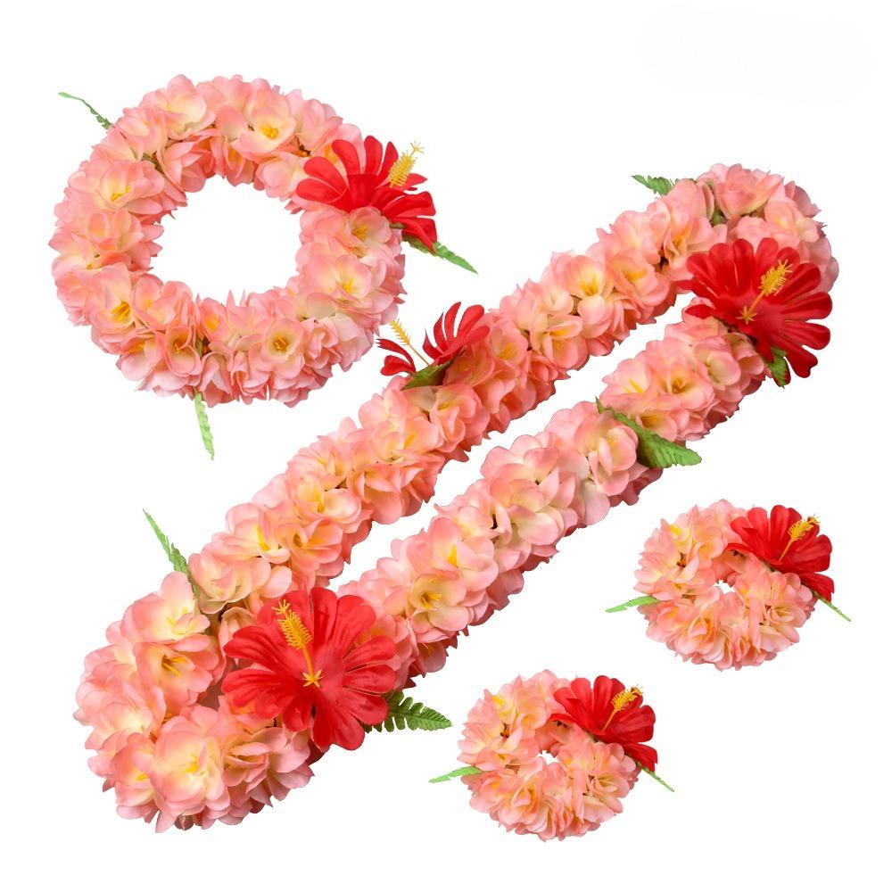 Beach Party Floral Necklace Set 4PCS Artificial Flower Lei for Adults Kids Photo Prop