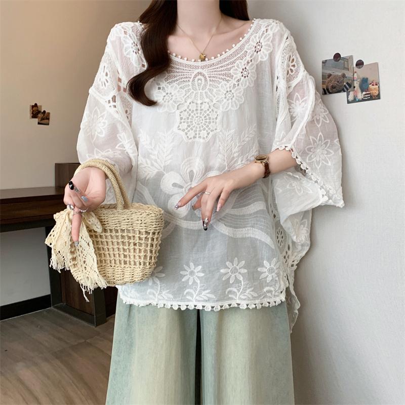 DIMANAF 2026 New Summer Basic Shirt Women Lace Blouse Tops Tees Casual O-Neck Loose White Short Tees