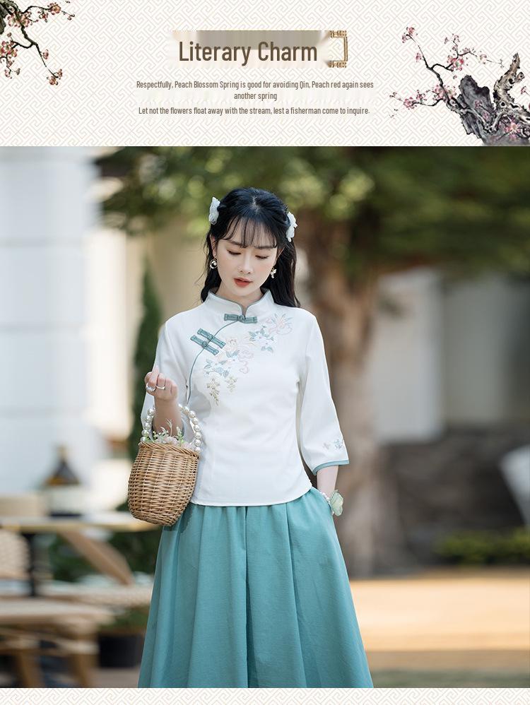 2025 Spring/Summer Women's Ethnic Retro Cotton Linen Embroidered Midi Skirt - Elastic Waist