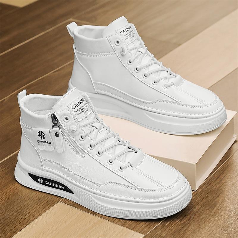 Leather High-Top Casual Little White Shoes Autumn Men'S Sports Flat-Bottomed Elastic Band Foot Shoes Men'S Shoes