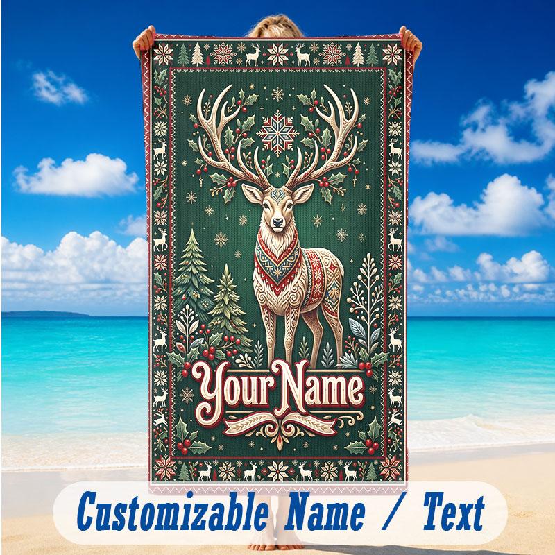 Deer Theme Beach Towel Personalized Custom Name & Text Soft Quick Dry Beach Towel for Swimming Travel