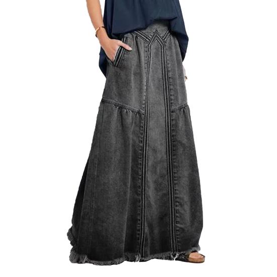Lady Skirt Solid Color Elastic Waist Ripped Retro Loose Summer Skirt Daily Clothes