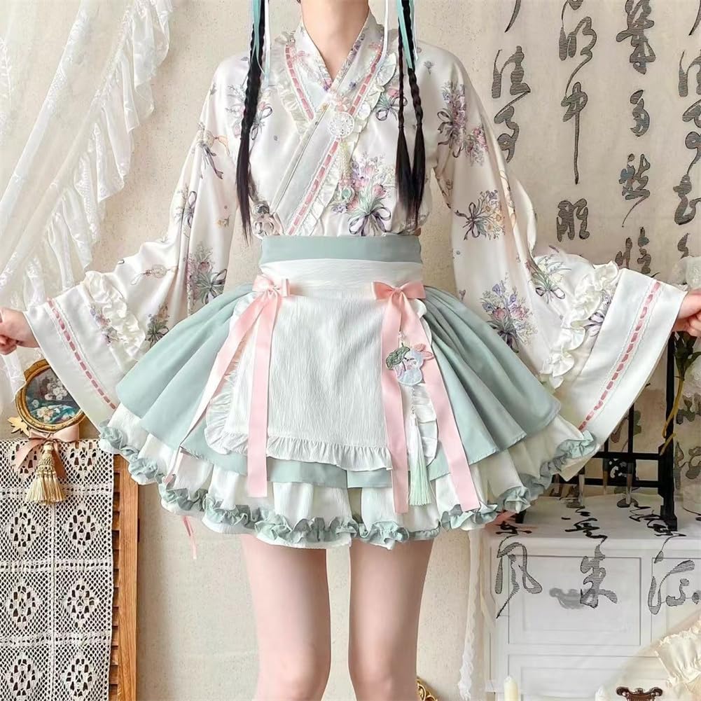 Maid Set with Chinese Printed Flared Mini and Bow Perfect for Everyday and Anime Conventions Size [SDSXZWG] Women's 4-Piece Skirt, Style, Piping,