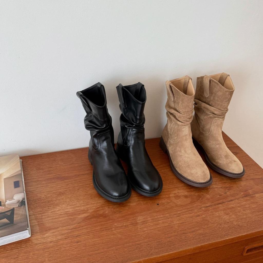 2025 New Round Head Pleated Thick Heel Low Tube Thin Martin Autumn and Winter Hot Girl Women Martin Boots