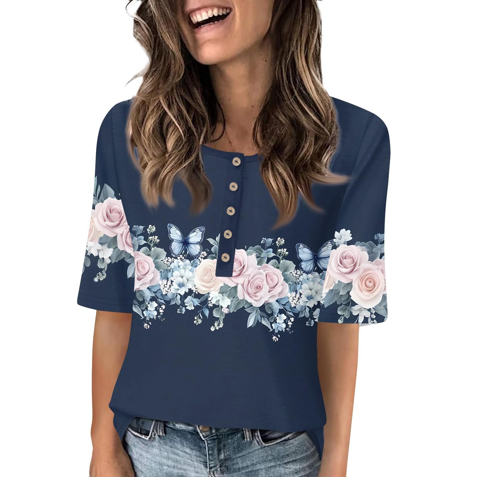 

Рубашки для женщин, модные футболки с круглым вырезом и пуговицами, блузки с принтом, топы с коротким рукавом для женщин M тёмно-синий
