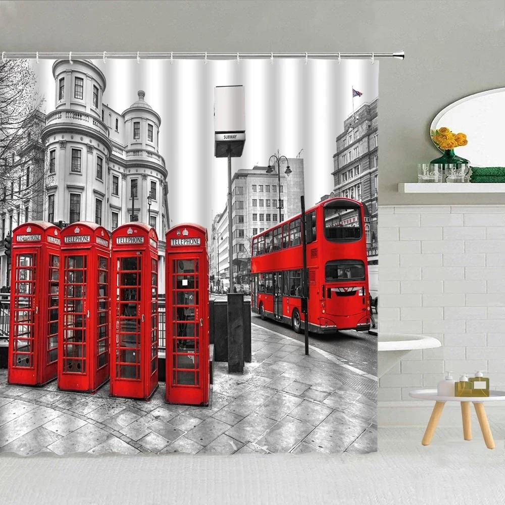 Architektura Londynu Widok Ulicy Zasłony Prysznicowe Zakochani Big Ben Czerwona Budka Telefoniczna Most Wodoodporna Tkanina Dekoracja Łazienki Curta