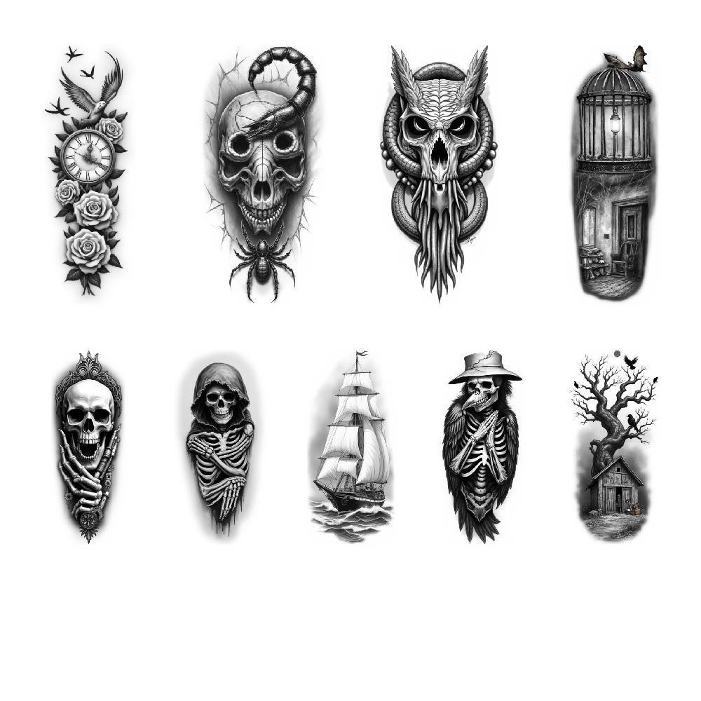 3pcs Temporary Tattoo Waterproof Long-lasting Body Stickers Grim Reaper Gothic Cage Skeleton In Hat For Arms Women Men