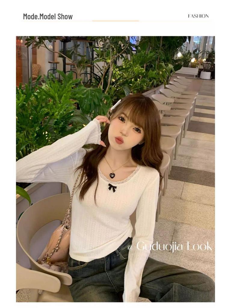2025 Women's High-End Lace Base Long-Sleeve Bow Shirt, White - Perfect for Spring and Autumn