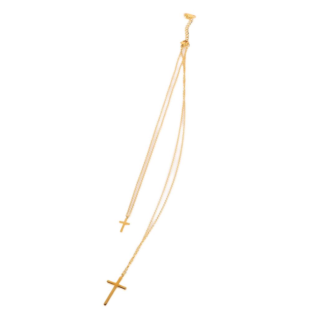 Cross Necklace Titanium Steel Simple Double Layers Gloosy Comfort Sweater Necklace for Belief Gold