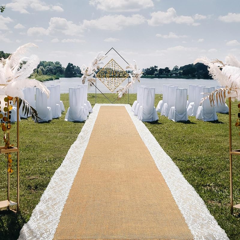 Preboun 3ft x 20 ft Natural Burlap Wedding Runner Aisle Outdoor for Wedding Ceremony Wide Aisle Runner with Lace Jute Rustic Burlap Decorations 3ft X 20 ft