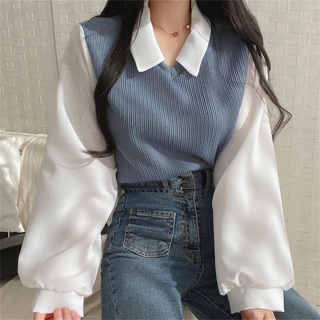 Blouse Women False Two-piece Collar Blouses Tops Streetwear Loose Youth Pullovers Elegant Shirt