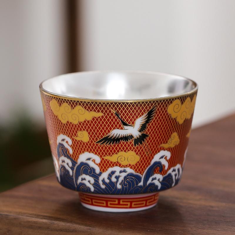 NEW Enamel Color 999 Pure Silver Inner Liner Ruihe Kung Fu Tea Master Cup Home Set Gift Box
