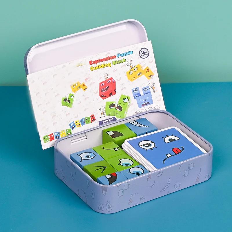 Emotions-Ausdruckswürfel Gesichtsveränderung Holzpuzzle Montessori Bausteine Spiel für Kinder Kreatives Lernspielzeug Geschenk Party-Spiel