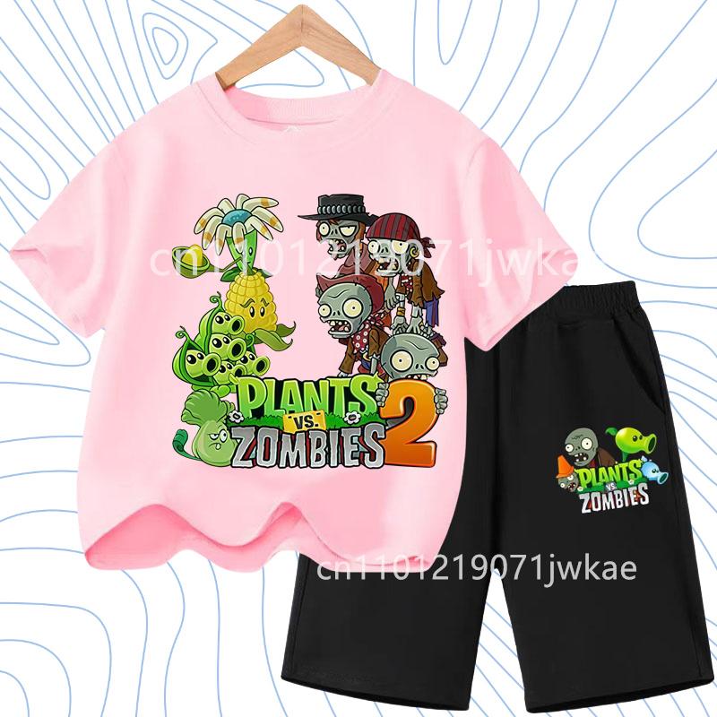Kids Street Fashion Boys Girls T Shirt Set Plants Vs Zombies Cute Print 2026 Summer Casual Daily Wear 3-12 Age Shirt Suit