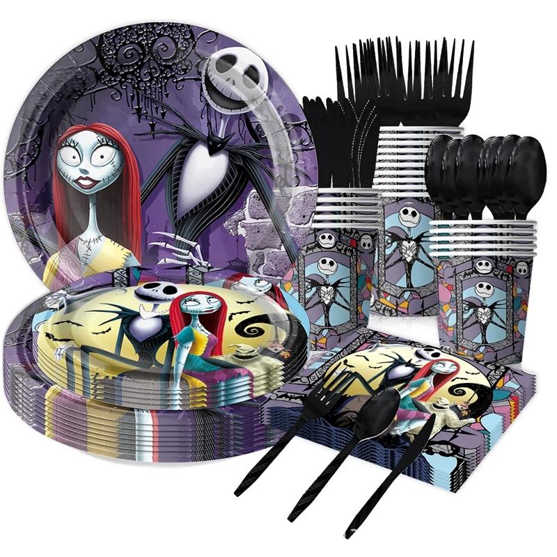 6-piece Set 66P Nightmare Before Christmas Decoration Party Supplies Gift Bag Kids Disposable Tableware Tablecloth Plates Cups N