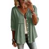 Damen Button-Down Leinenhemden 3/4 Ärmel V-Ausschnitt Lochstickerei Blusen Lässige Baumwolle Hohlstrick Boho Tops