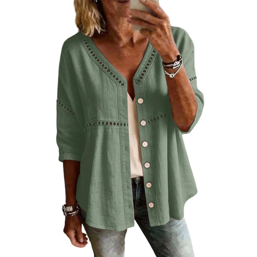 Damen Button-Down Leinenhemden 3/4 Ärmel V-Ausschnitt Lochstickerei Blusen Lässige Baumwolle Hohlstrick Boho Tops