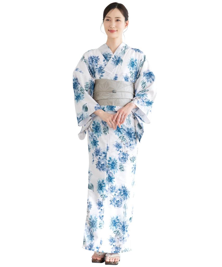 SOUBIEN Floro Yukata Set Free Summer Chrysanthemum Calm X Light Women's Two-Piece (Yukata/Half-Width Obi), Size, Gray, Ykt10280-obh01583