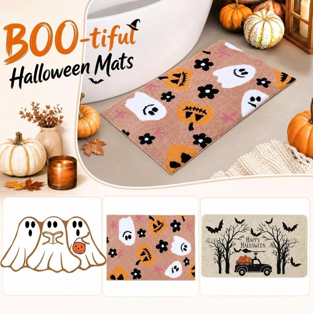 Halloween Faux Area Rug 60x90cm Ghost Pattern Decorative Floor Mat Soft Plush Surface Non Slip Backing for Indoor Home Entryway Living Room Bedroom