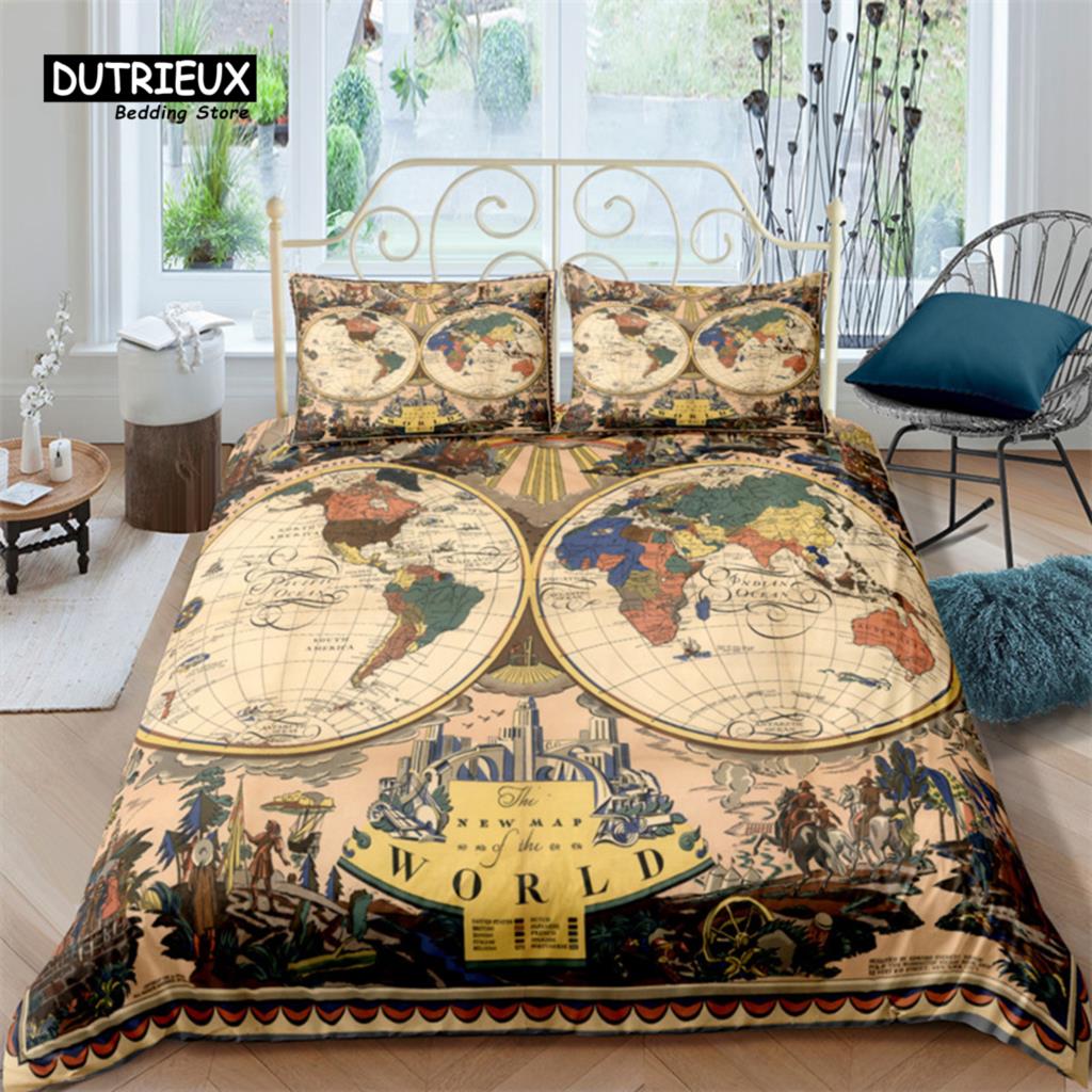 Compass Duvet Cover Vintage World Map Bedding Set Nautical Compass On Background Old Map Comforter Cover For Kids Adults Decor