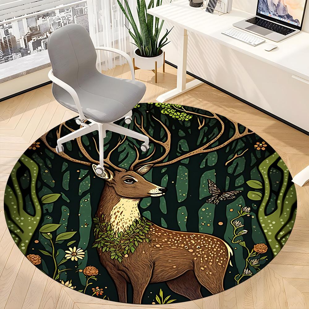 1pc Forest Deer Office Round Area Rug, Under Office Chairs Bedroom Living Room Home Decor, Room Deco