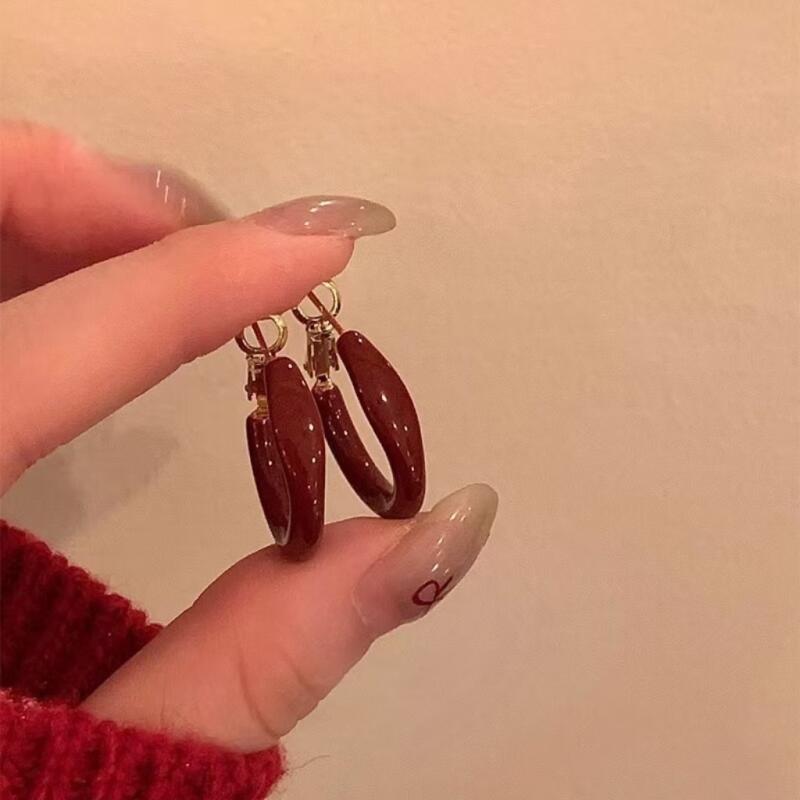Retro Wine Red Color Drop Oil Hoop Earrings for Women Girls Temperament Elegant Earrings Buckle Daily Commute Jewelry Wholesale