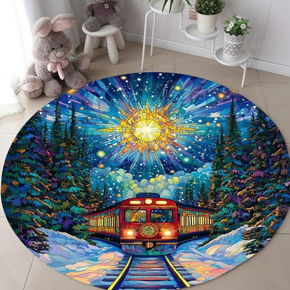 Colorful Mosaic Starry Sky Train Round Carpet Golden Sun Red Locomotive Forest Print Mat Dreamy Dazzling Glass Design Decor Rug