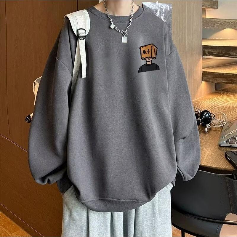 Men's Printed Hoodie Round Neck Hooded Sweatshirt Trendy Brand Casual Hoodies Loose Long Sleeved Pullover Base Shirt