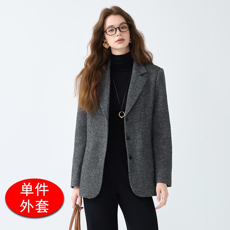 Women Brown Herringbone Tweed Blazer Notched Lapel Single‑Breasted Casual Loose Fall Winter Wool Blend Suit Jacket