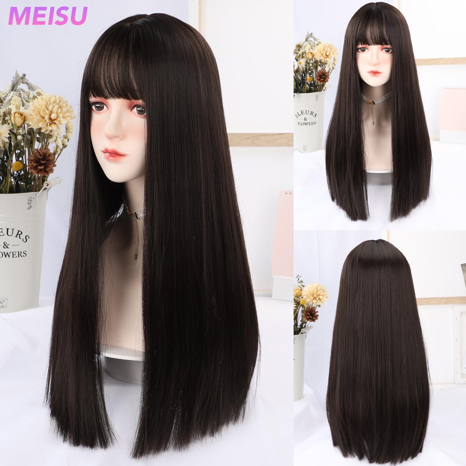 

Черный длинный прямой парик с воздушной челкой, 22-дюймовое волокно, синтетическое термостойкое, сладкое и естественное, для вечеринок или селфи для женщин, корейская мода 22inches