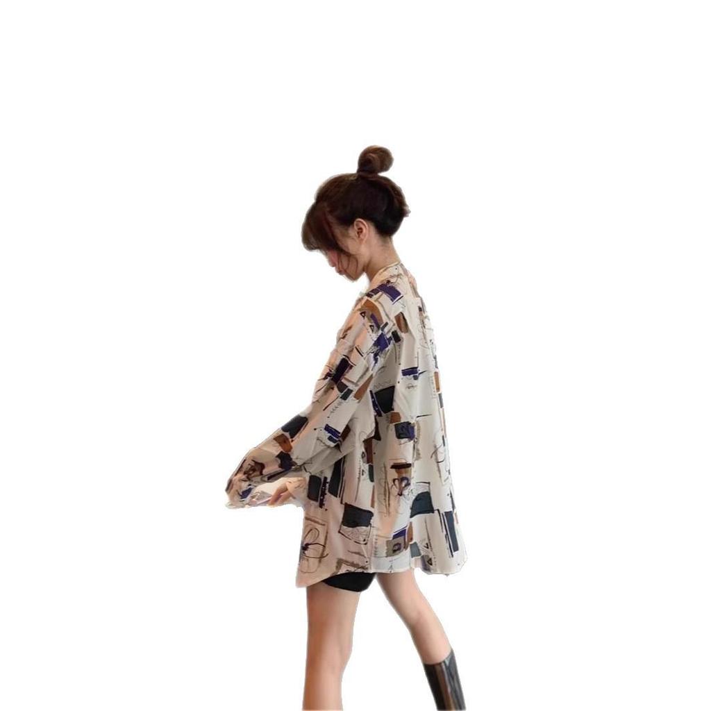 Hong Kong-Style Floral Chiffon Shirt for Women - Long Sleeve, Loose Fit, Versatile Outerwear for Spring and Autumn