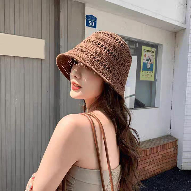 Trendy Summer Hollow Knitted Fisherman Hat UV Sun Protection Straw Bucket Hat Breathable Beach Visor Cap Wide Brim Sun Hat