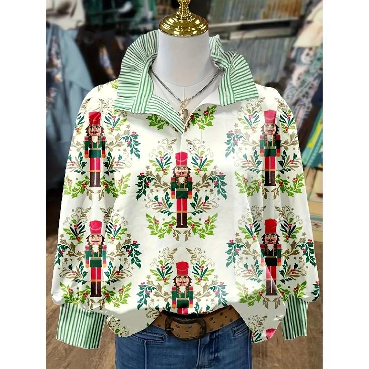 

Women s Retro Christmas Pattern Blouse - Turn-Down Collar Long Sleeve, Loose Casual Silhouette, Festive Gift Tree Print Top Suitable for Fall/Winter S