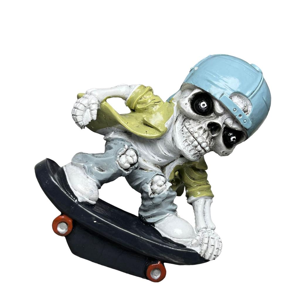 Scary Resins Skeleton Sculpture Funny Skateboarding Skull Figurine Ornament for Halloween Party Desktop Decoration