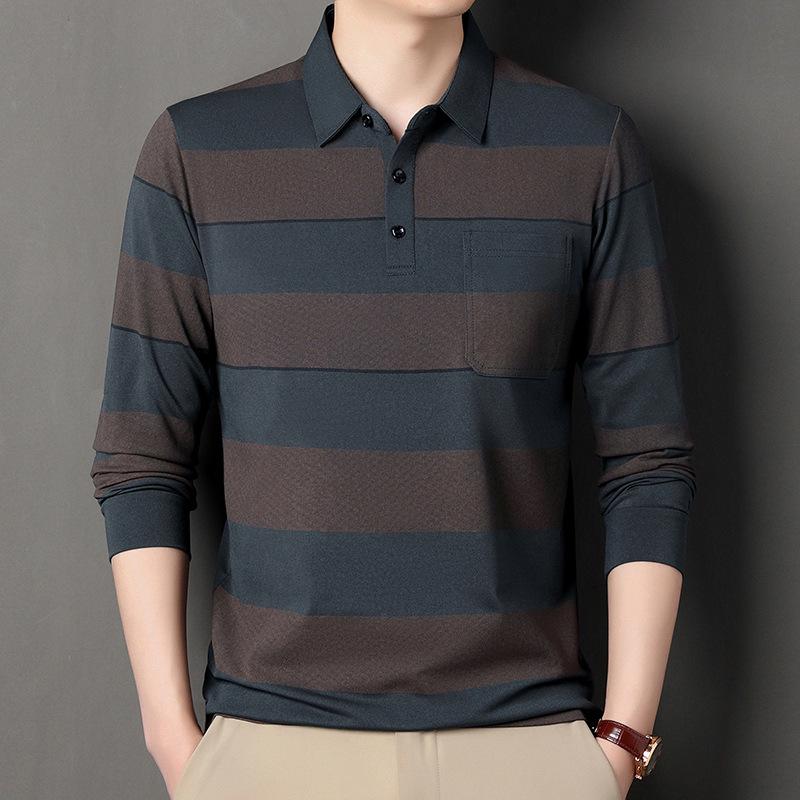 Men's Striped Long Sleeve Polo Shirt with Pockets - Casual Lapel Base Layer Top