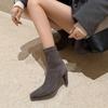 Black fashion simple elastic thin boots 2025 autumn and winter new square head thin heel sleeve one pedal small short boots women