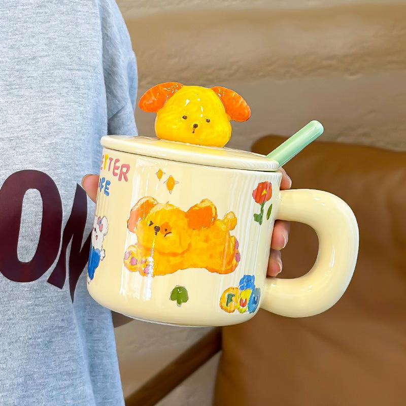 

Милая кружка с сердечком, мультяшным цветком, керамическая чашка для женщин, бытовая изоляционная чашка для воды с крышкой, бытовая кофейная чашка 400ML